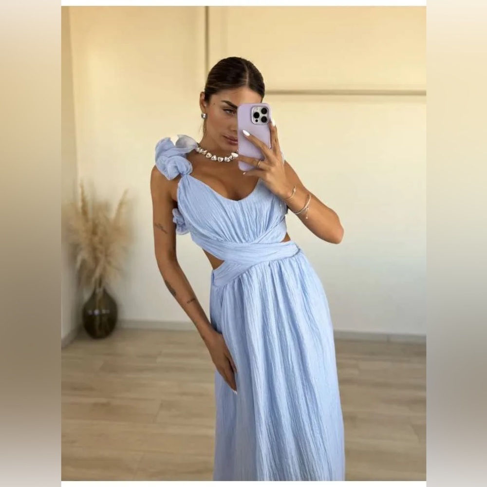 Elsa Blue Ruffle Detail Backless Midi Dress